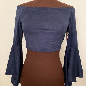 Navy Blue Faux Suede Off the Shoulder Crop Top